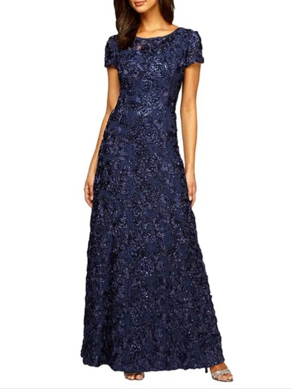 Alex Evenings Navy Sequin Lace Maxi Dress